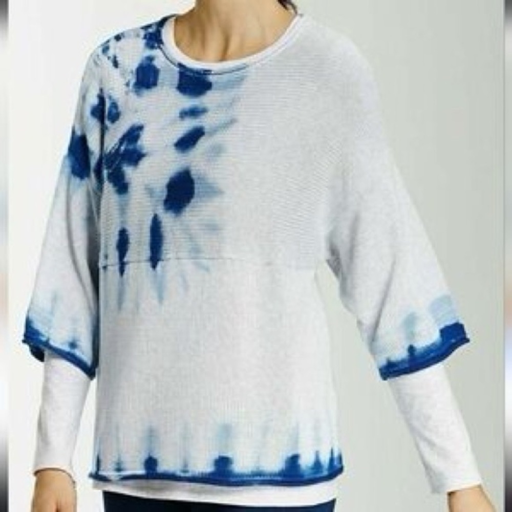 Pure Jill Blue Tie-Dye Rolled Hem Cotton Cashmere Kimono Sleeve Sweater SZ L